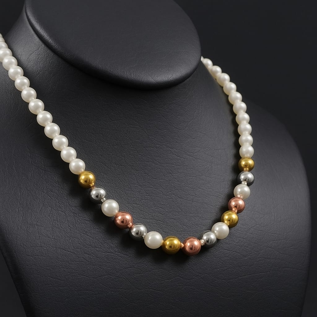 COLLAR PERLAS BLANCO/3 OROS INTERCALADO